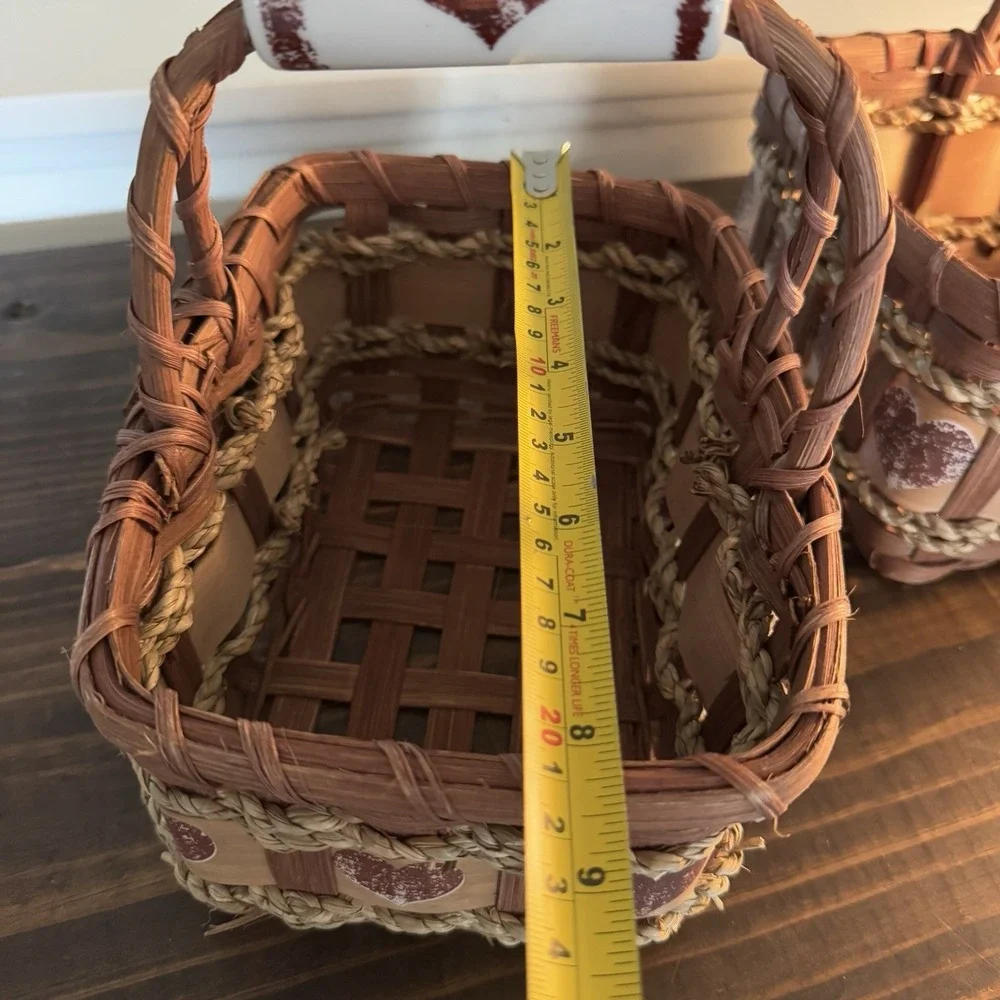 Vintage Cottagecore Wicker Basket Set Heart Glass Handle Holder Grannycore Decor